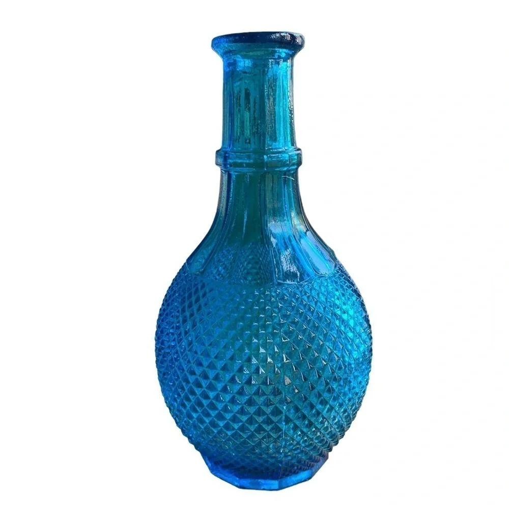 Blue Glass Diamond Point Cut Hobnail Glass Decanter No Cover